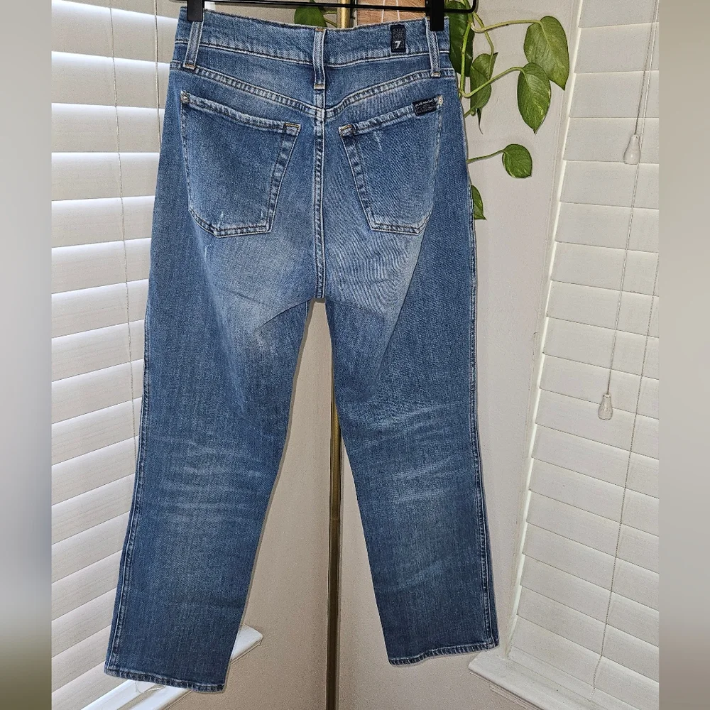7 For All Mankind High Waist Button Fly Distressed Straight Leg Jeans - Picture 2 of 9